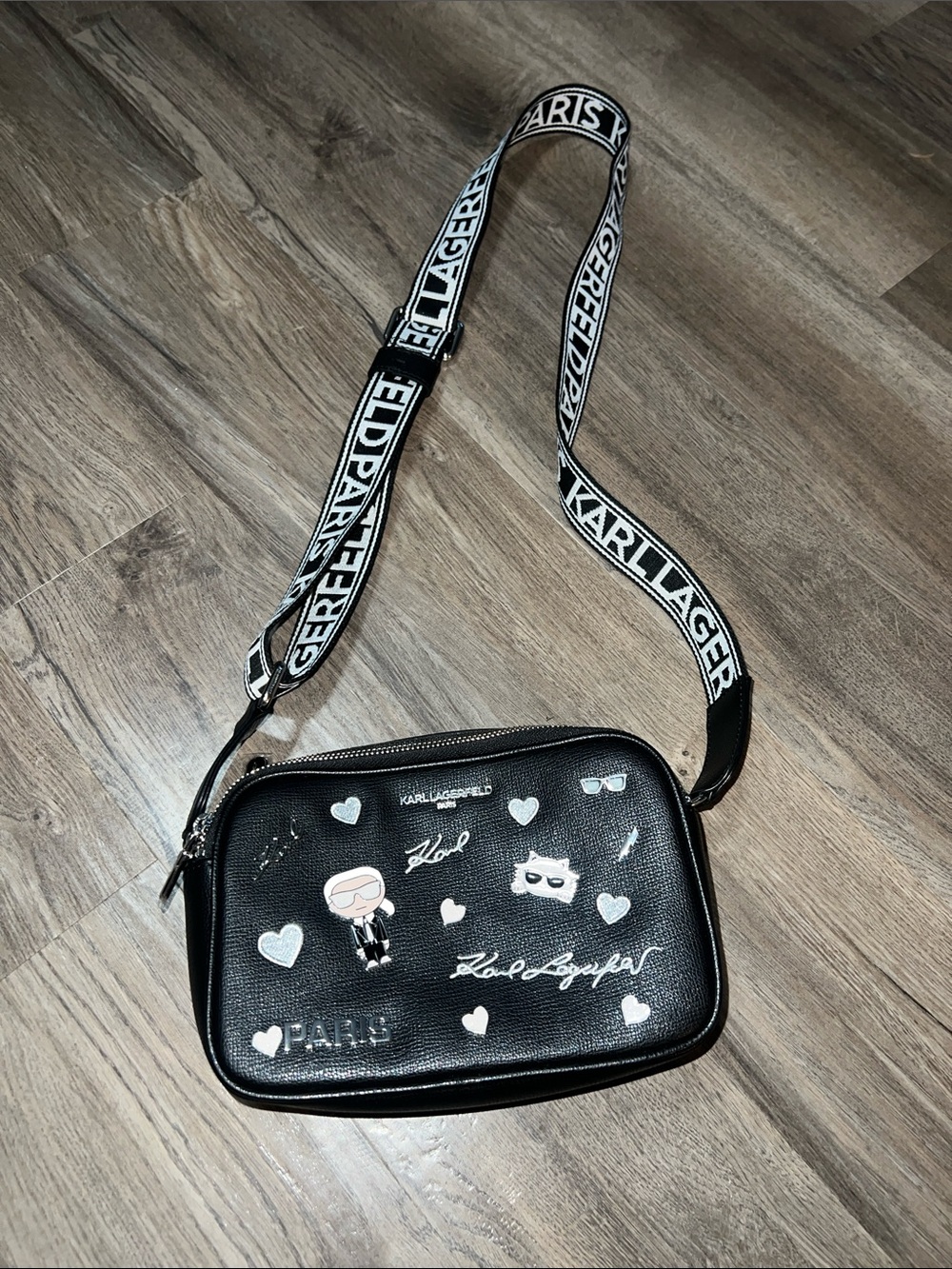 Karl Lagerfeld Black Camera Bag with Logo Strap and Icon Graphics